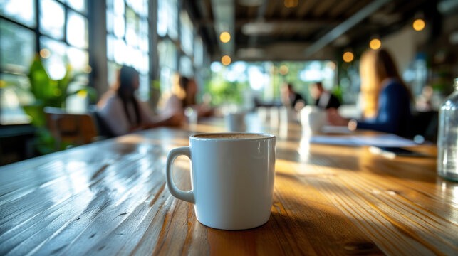 Background from cups of coffee or tea on the table in the office in the background with office workers