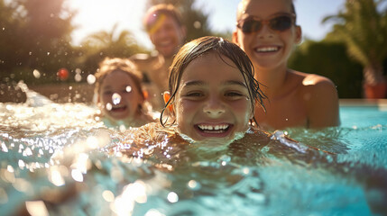 Children splash with pleasure and laughter in the pool in sunny summer weather - obrazy, fototapety, plakaty