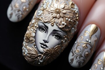 Nail art mastery: a captivating showcase of 3d three-dimensional elegance, featuring beautiful design adorning nails, blending creativity, style, intricate craftsmanship for a chic and trendy look.