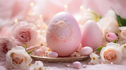 Obraz na płótnie Canvas An enchanting scene showcasing a pastel pink Easter egg adorned with delicate floral designs, resting on a bed of soft pink rose petals.