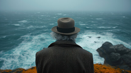 Fototapeta premium background of an old man looking at the sea