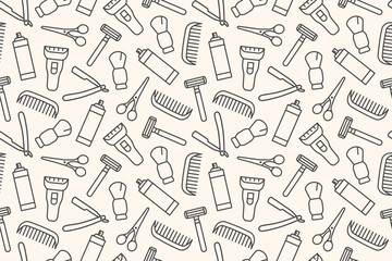 seamless barber shop related icons pattern: brush, razor, shaver, scissors, spray and comb- vector illustration