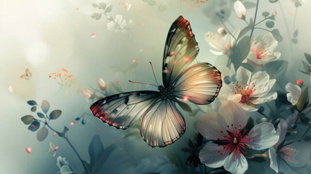 Butterfly and flowers background texture backdrop