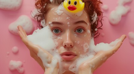 Beautiful woman washing her face with soap foam