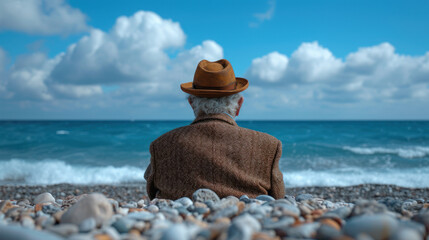background of an old man looking at the sea