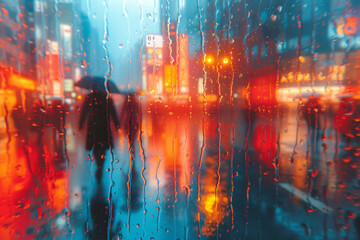 Reflections of people walking in a rainy city, their faces hidden by raindrops on the glass surfaces. Concept of obscured identities in urban rain. Generative Ai.