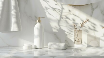A stylish bathroom setting with a blank pump bottle mockup , against a backdrop of clean and modern aesthetic , highlighting luxury and self-care.
