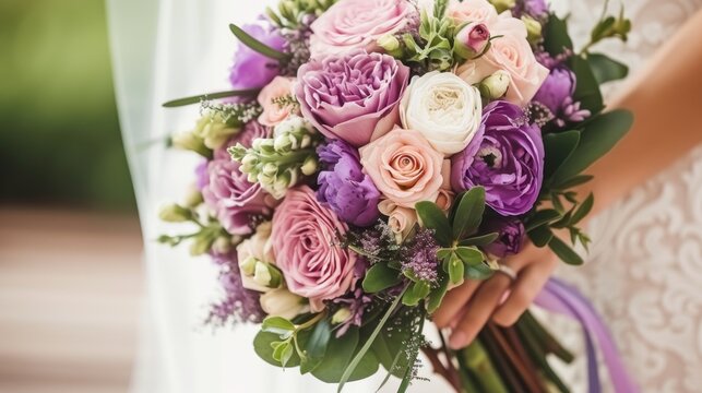 A bride holding a bouquet of purple and white flowers