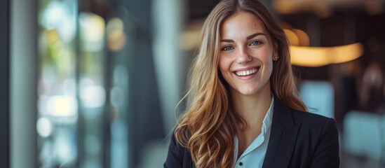 Confident and joyful businesswoman in professional attire posing with a warm smile