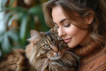 Serene moment as a young woman embraces her fluffy tabby cat indoors