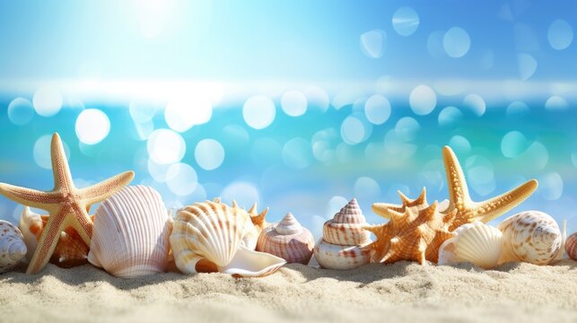 A banner featuring seashells and starfish scattered on a sandy beach, set against a backdrop of blurred sea water and glistening sparkles above, evoking the tranquil beauty of a coastal paradise