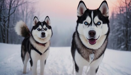 Fototapeta premium siberian husky, dog at dawn, purebred dog in nature, happy dog, beautiful dog