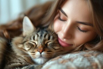 Young beautiful woman embraces her furry cat, eyes shut