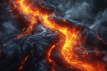 An abstract shot of a flowing lava stream in shades of fiery red, capturing the intensity and dynamic nature of volcanic landscapes. Concept of monochromatic volcanic activity. Generative Ai.