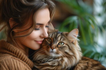 Young woman embraces a furry feline in her arms, creating a serene and captivating moment of connection