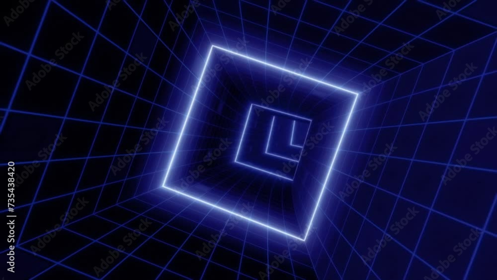 Aufkleber 3d abstract hyperloop neon grid square retro futuristic tunnel, 4k blue cyberspace square high tech 