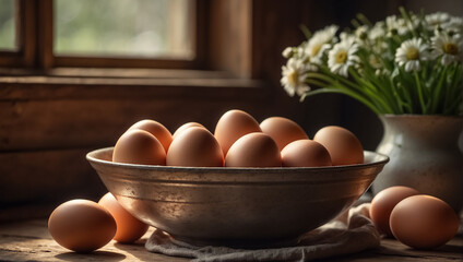 Fresh eggs in a plate in the kitchen food