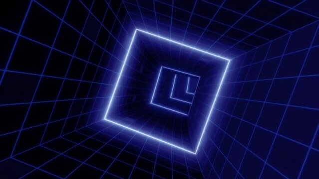 3d Abstract hyperloop neon grid square retro futuristic tunnel, 4k blue cyberspace square high tech looping motion background
