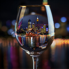 Sydney City Diorama inside a wine glass set against the city at night.