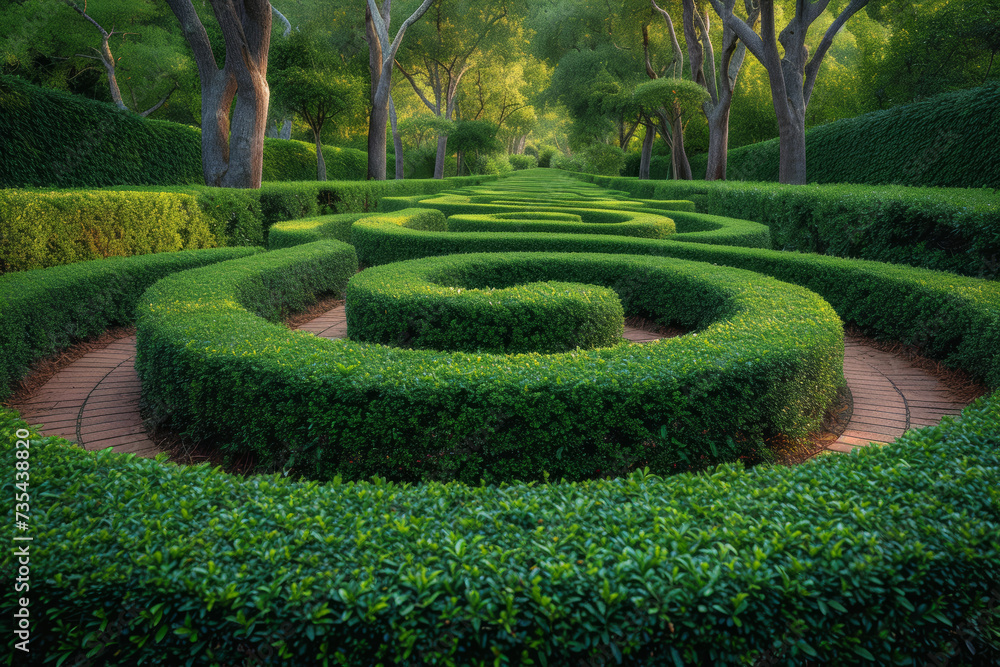Poster an image of a labyrinthine garden with carefully arranged hedges and pathways, creating a sense of b