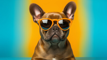 A French bulldog wearing sunglasses, on a yellow and light cyan background.