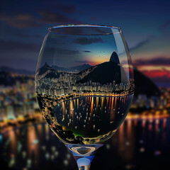 Rio City Diorama inside a wine glass set against the city at night.