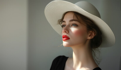 profile pose of woman with hat, light and shadows
