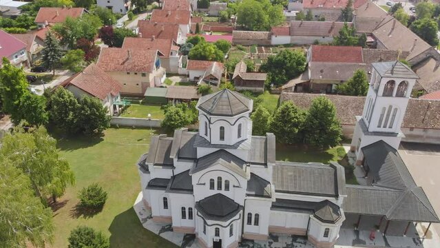 Aerial View of Ortodox Church in Town of Backi Jarak, Temerin Municipality, Vojvodina, Serbia on beautiful Sunny Day