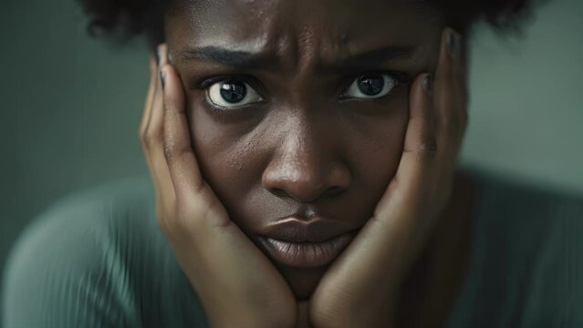 An individual of any gender and race with a fear of failure their face strained with anxiety as they attempt a task, female With Hands on Face in Distress