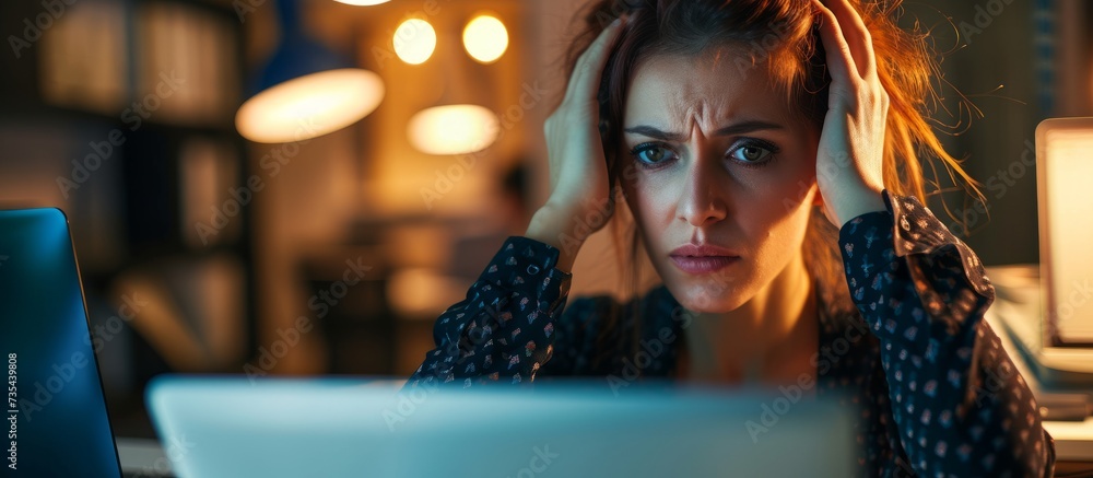 Wall mural Professional woman working on laptop at desk in modern office, multitasking with computer