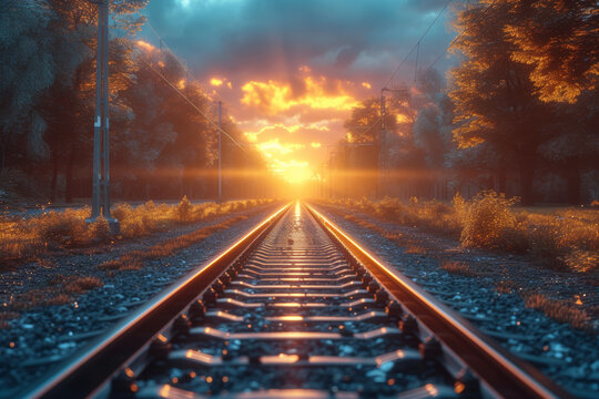 A series of parallel train tracks converging into the distance, showcasing the balanced and geometric elements inherent in railway infrastructure. Concept of balanced railway geometry. Generative Ai.