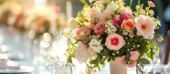 A beautiful bouquet of pink and white hybrid tea roses fills a vase on a table, adding a touch of...