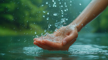 Closeup of woman's hand holding fresh water splashing in the lake