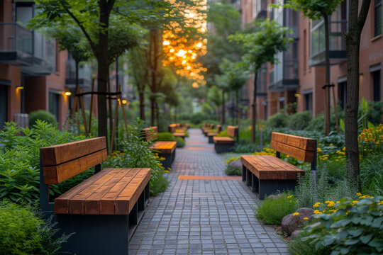 An image of an urban square with geometrically designed benches and landscaping, creating a visually appealing and balanced public space. Concept of balanced urban square geometry. Generative Ai.