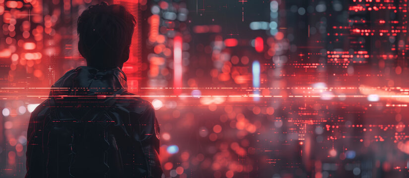 Futuristic Person in Digital Data Stream Environment