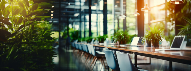 Modern office interior with wooden table and green plants. Panoramic banner, blur background