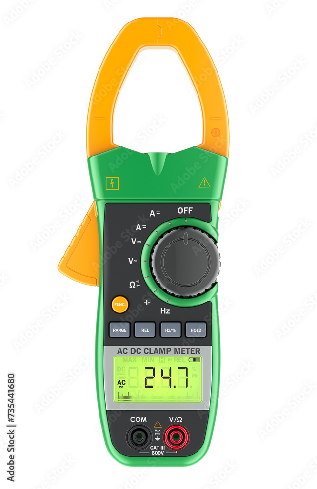 Poster digital clamp meter multimeter, 3d rendering isolated on transparent background
