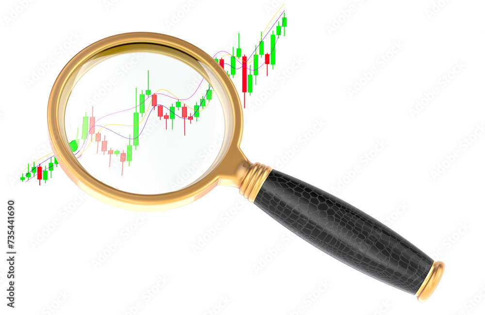 Poster analysis of trade market, concept. candlestick chart with magnifying glass. 3d rendering isolated on