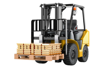 Forklift truck with Gold Ingots, 3D rendering isolated on transparent background