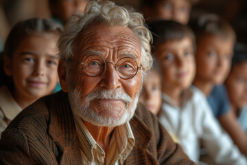 An image of a senior gentleman teaching a group of children in a mentoring program, emphasizing the wealth of knowledge and experience that older individuals can share with younger. Generative Ai.