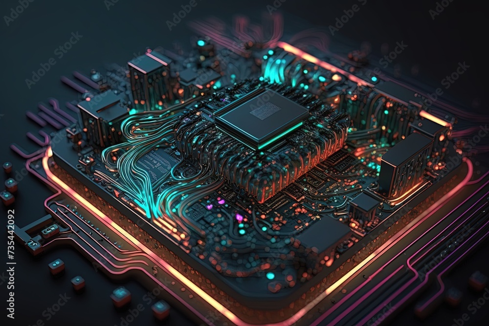 Poster motherboard with electronic circuits and processor with glowing elements.