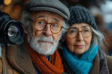 A photograph of a senior couple engaged in a photography workshop, underlining the importance of lifelong learning and the pursuit of new skills in the digital age.  Generative Ai.