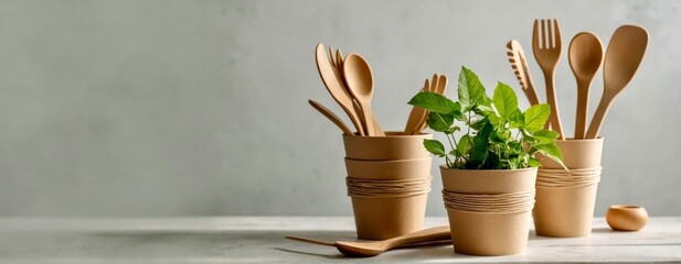 Banner eco friendly disposable kitchenware utensils on white background.  - obrazy, fototapety, plakaty