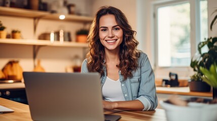 Smiling young woman using a laptop in her kitchen.