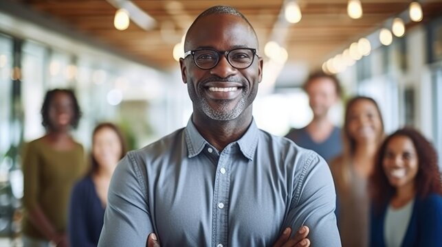 Smiling african american businessman with his arms crossed in front of a group of people.