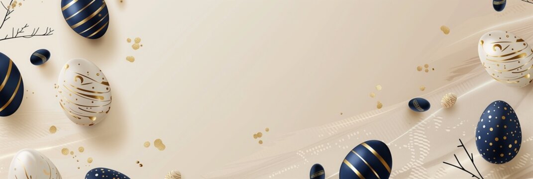 A minimalist corporate Easter banner, with stylized Easter eggs in dark blue and beige, accented with gold and small icons of legal books. Extensive blank space at the top for custom messaging. 