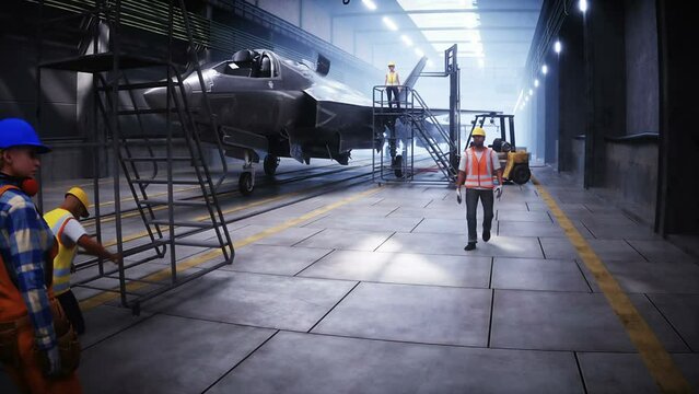 Production of military fighter jet f 35 at the factory. Military factory weapon. Realistic 4k animation.