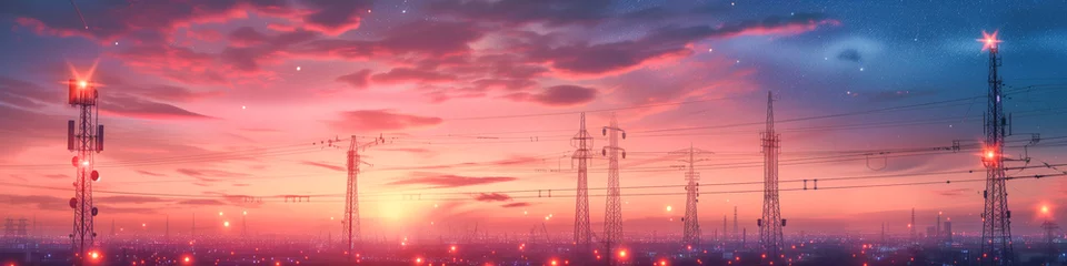 Fototapeten Twilight Skyline with Telecommunication Towers and Electrical Grid © Gejsi