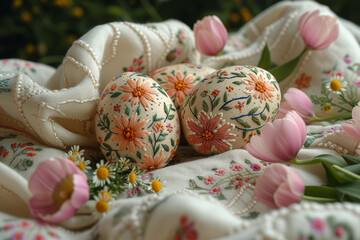 Beautifully embroidered Easter linens, enhancing the festive atmosphere with intricate patterns and designs. Concept of Easter embroidery. Generative Ai.