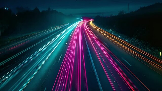 Even in the darkness of night the highway is alive with vibrant light streaks from ping cars illuminating the surroundings in streaks of color.